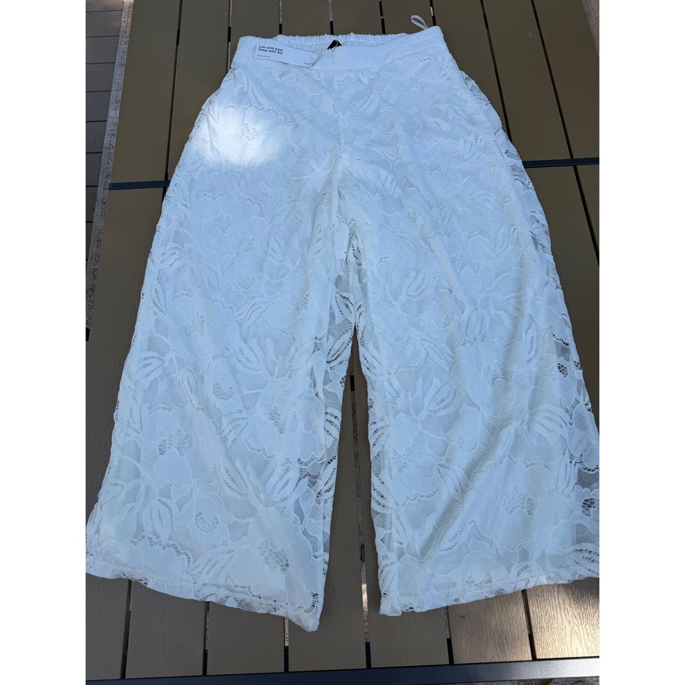 Bloomchic White Floral Lace Wide Leg Pants‎ Elastic Waist Lined Size 12 NWT